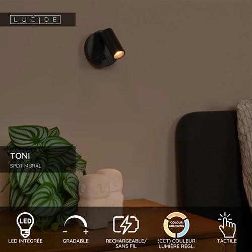 Lucide TONI - Spot mural / Applique mural Rechargeable - Batterie/Piles - Ø 8,1 cm - LED Dim. - CCT - 1x2W 2700K/4000K - Détecteur De Mouvement (désactivable) - Magnétique - Noir - USP